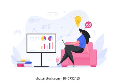 Summing up statistical financial report illustration. Female character manager conducts an infographic calculation of companys profit. Idea of improving business diagrams. Flat vector illustration