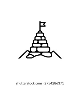 Summit cairn with flag icon logo design. Mountain trail stone stack sign and symbol. Rock pile cairn icon. Hiking and mountaineering navigation.