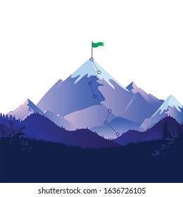 Summit with green flag. View of a majestic mountain with trail leading to the top with a flagpole. Metaphor for the patch to success. Motivation, overcome challenge, reach your goal concept. Vector.