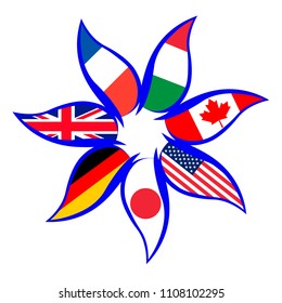 Summit of the Group of Seven. National flags of the countries in the form of flower petals. Political news. Diplomatic meeting of the heads of state. Participating countries G7.
