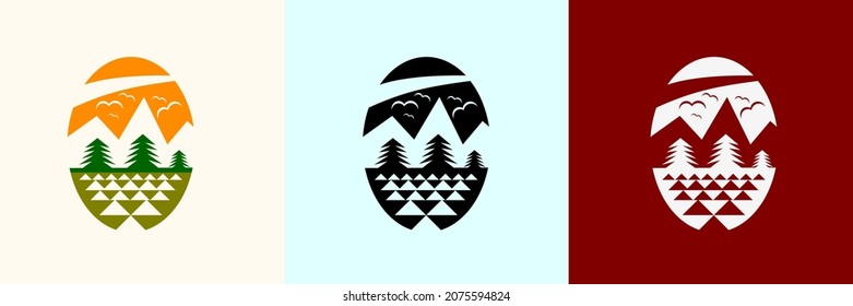 Summit Mountain And Camp Logo. a logo that has the theme of adventure at the top of the mountain. Featuring mountains, pine trees, and camp, as well as jet tracks in the clouds.