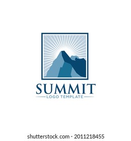 Summit of Mountain icon. Peak with Bright Light Sun Logo design. Vector Illustration.