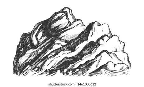 Summit Of Mountain Landscape Hand Drawn Vector. High Altitude Mountain Rock Peak Quiet Place For Extreme Sport, Expedition Concept. Pencil Designed Template Black And White Illustration