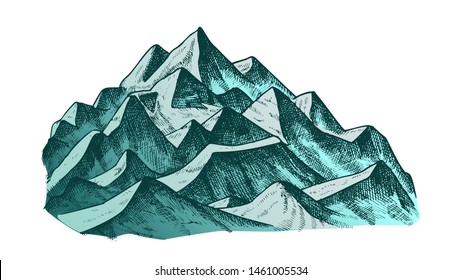 Summit Of Mountain Landscape Ink Texture Vector. High Altitude Mountain Place Advertising Alpine Skiing Health Sport Resort Concept. Pencil Designed Mockup Color Illustration