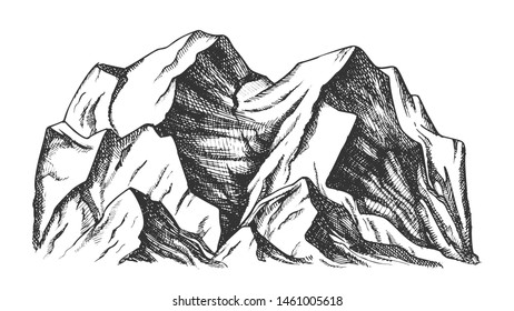 Summit Of Mountain Landscape Monochrome Vector. Mountain Rock Peak Discovery Adventure Wilderness Place For Extreme Expedition Concept. Designed Template Black And White Illustration