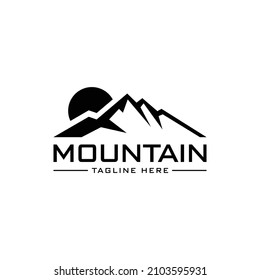 Summit mountain line and sun logo vector design isolated. simple and elegant on white background