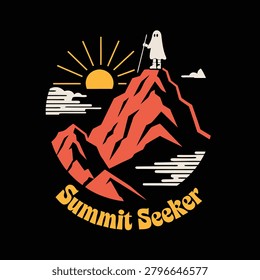 Summit Seeker Cartoon Ghost Character Standing on a Mountain Peak at Sunrise