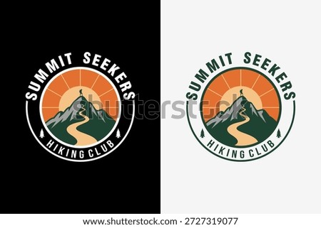 Summit Seekers Hiking Club Logo, Vintage Mountain Badge with Hiker Silhouette and Sunset for Outdoor Adventure and Camping Brand