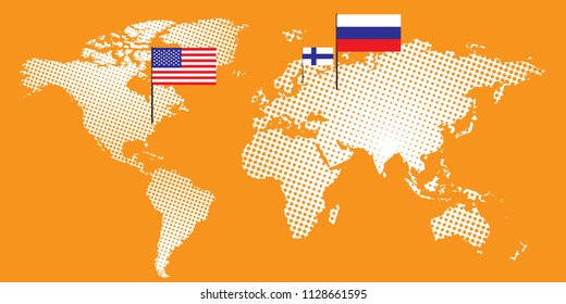 The summit. USA meeting Russia in Finland. Illustration design of world map with Russia, Finland and USA flags