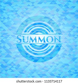 Summon realistic sky blue emblem. Mosaic background