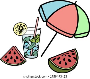 Sumner set of watermelon, sun umbrella and glass of beverage. Hand drown illustration converted to vector, coloured, isolated