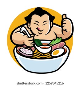 sumo with cartoon style eating ramen