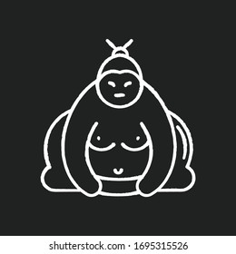 Sumo chalk white icon on black background. Traditional asian wrestler. Shirtless large athlete in power stance. Japanese ringer. Man with heavy body. Isolated vector chalkboard illustration