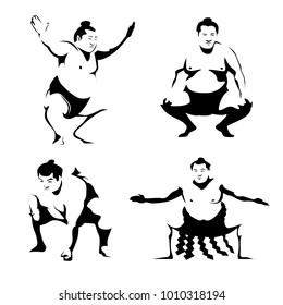 Sumo club logo or emblem with sumo wrestlers silhouettes.  Isolated on white background. 