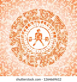 sumo deadlift icon inside abstract emblem, orange mosaic background