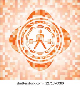 sumo deadlift icon inside abstract emblem, orange mosaic background