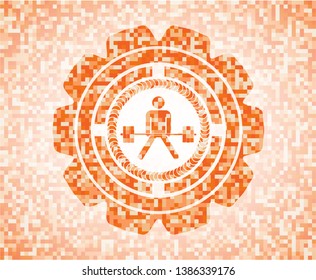 sumo deadlift icon inside abstract emblem, orange mosaic background