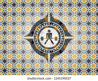 sumo deadlift icon inside arabesque style emblem. arabic decoration.