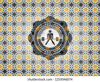 sumo deadlift icon inside arabesque badge. arabic decoration.