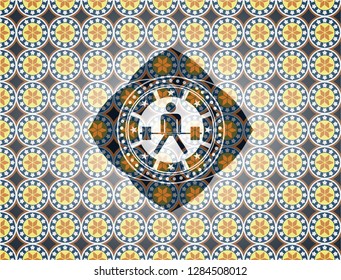 sumo deadlift icon inside arabesque style emblem. arabic decoration.