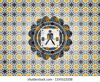 sumo deadlift icon inside arabic emblem background. Arabesque decoration.