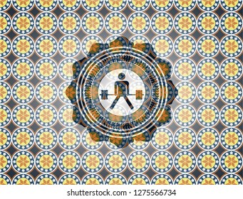 sumo deadlift icon inside arabic badge background. Arabesque decoration.