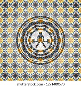 sumo deadlift icon inside arabic emblem background. Arabesque decoration.