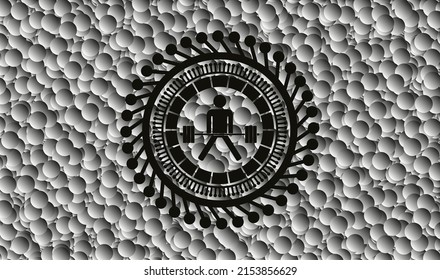 sumo deadlift icon inside black emblem with grey bubbles background. Vintage. Vector Illustration. Detailed. 