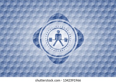 sumo deadlift icon inside blue badge with geometric pattern.
