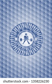 sumo deadlift icon inside blue emblem or badge with abstract geometric polygonal pattern background.
