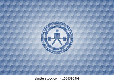 sumo deadlift icon inside blue emblem with geometric background.