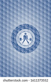 sumo deadlift icon inside blue emblem or badge with abstract geometric pattern background.