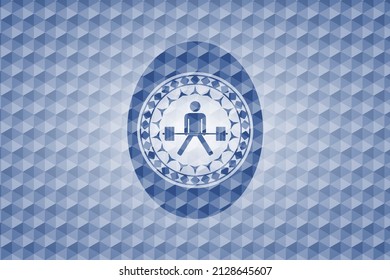 sumo deadlift icon inside blue emblem or badge with abstract geometric pattern background. 