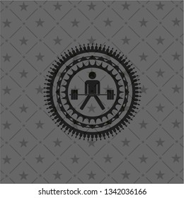 sumo deadlift icon inside dark emblem. Retro