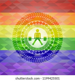 sumo deadlift icon inside emblem on mosaic background with the colors of the LGBT flag