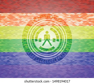 sumo deadlift icon inside emblem on mosaic background with the colors of the LGBT flag