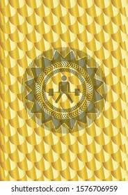 sumo deadlift icon inside gold shiny emblem. Scales pattern. Vector Illustration. Detailed.