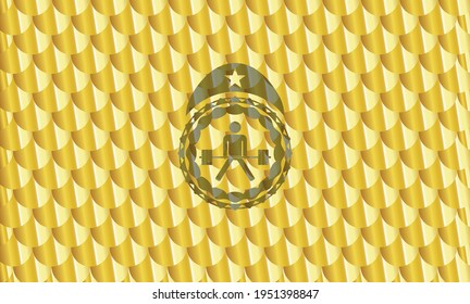 sumo deadlift icon inside gold shiny badge. Scales pattern. Vector Illustration. Detailed. 