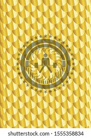 sumo deadlift icon inside golden badge. Scales pattern. Vector Illustration. Detailed.