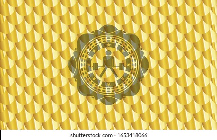 sumo deadlift icon inside golden badge. Scales pattern. Vector Illustration. Detailed.