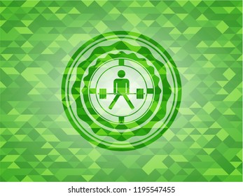 sumo deadlift icon inside green emblem with mosaic background