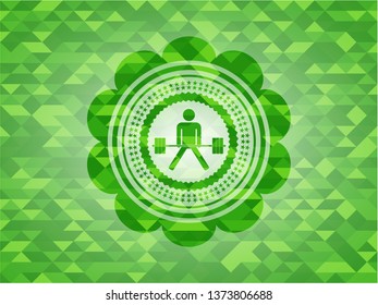 sumo deadlift icon inside green emblem with triangle mosaic background