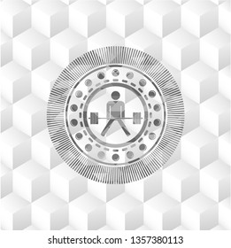 sumo deadlift icon inside grey emblem. Vintage with geometric cube white background