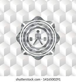 sumo deadlift icon inside grey emblem. Vintage with geometric cube white background