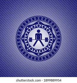 sumo deadlift icon inside jean or denim emblem or badge background. 