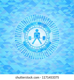 sumo deadlift icon inside light blue emblem. Mosaic background