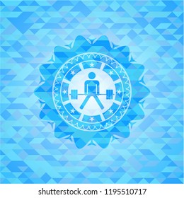 sumo deadlift icon inside light blue emblem with mosaic background