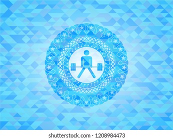 sumo deadlift icon inside light blue emblem with mosaic ecological style background