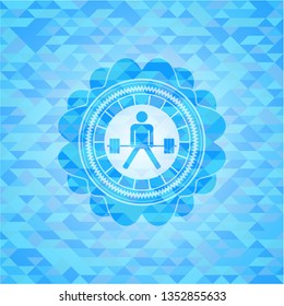 sumo deadlift icon inside light blue emblem. Mosaic background