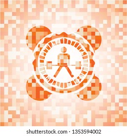 sumo deadlift icon inside orange tile background illustration. Square geometric mosaic seamless pattern with emblem inside.